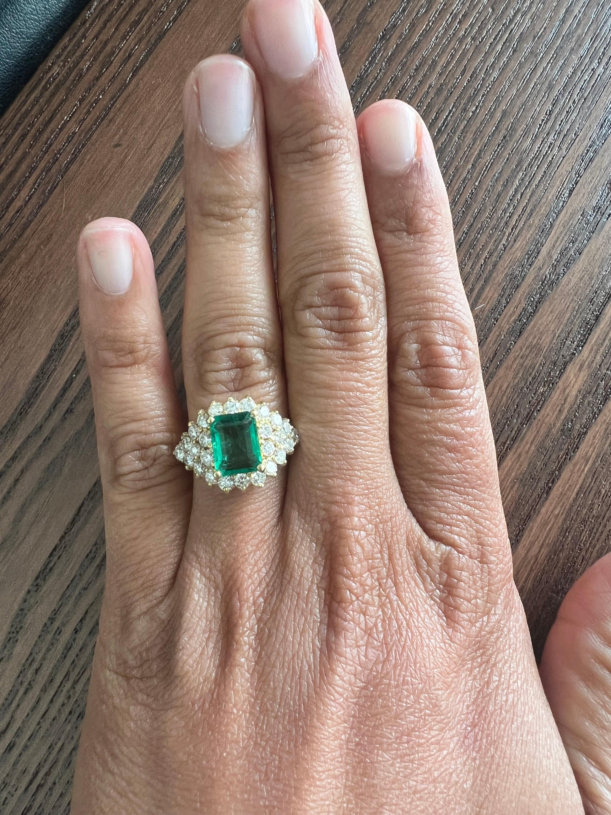 GIA Certified 3.46 Carat Emerald Diamond 18 Karat Yellow Gold Cluster Ring