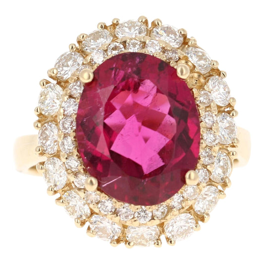 GIA Certified 5.63 Carat Rubellite Tourmaline Diamond 14 Karat Yellow Gold Ring