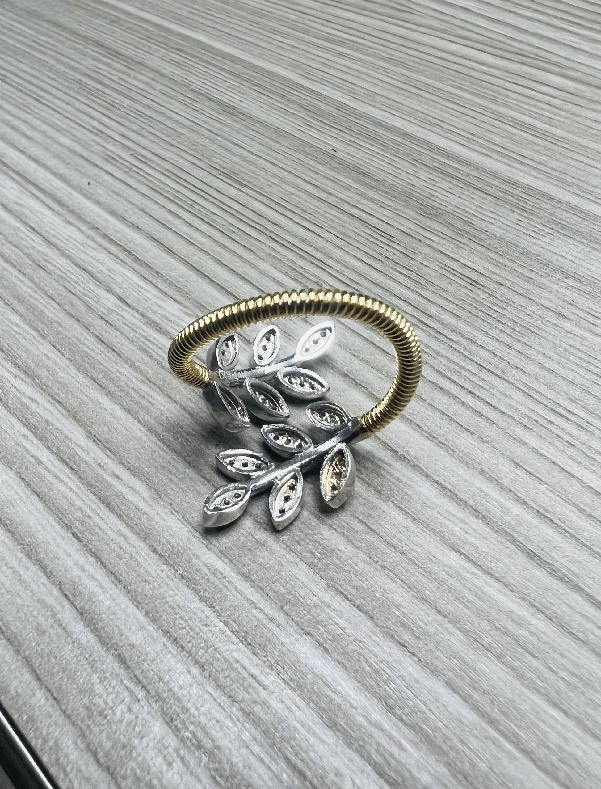 Natural Diamond 0.28 Carat Leaf Wrap White Gold Yellow Gold Statement Ring