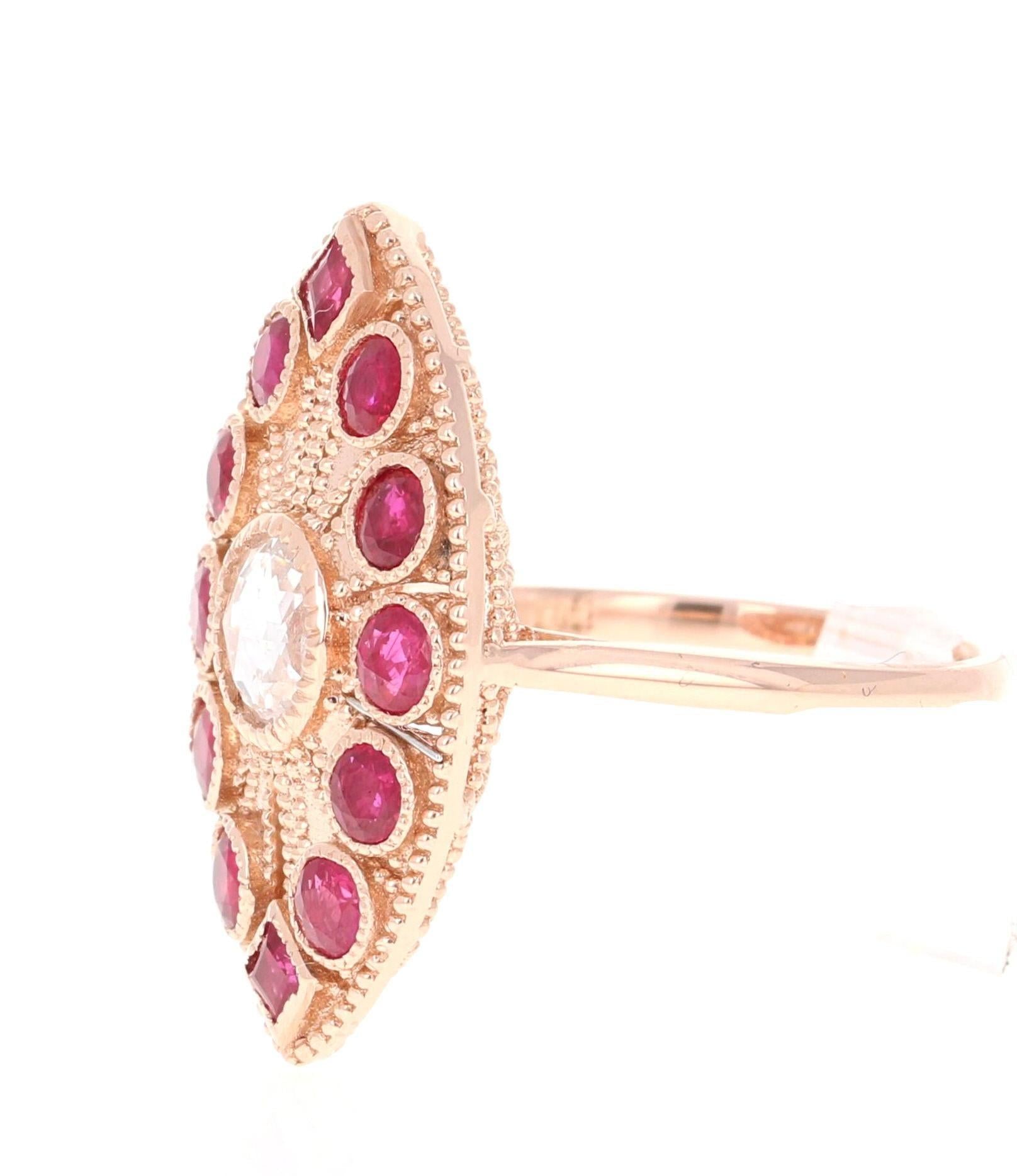 Ruby Rose Cut Diamond 2.09 Carat 14 Karat Rose Gold Cocktail Ring