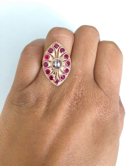 Ruby Rose Cut Diamond 2.09 Carat 14 Karat Rose Gold Cocktail Ring