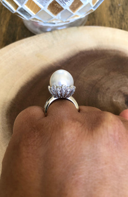 South Sea Pearl and Diamond 14 Karat White Gold Cocktail Ring