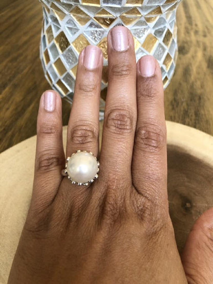 South Sea Pearl and Diamond 14 Karat White Gold Cocktail Ring