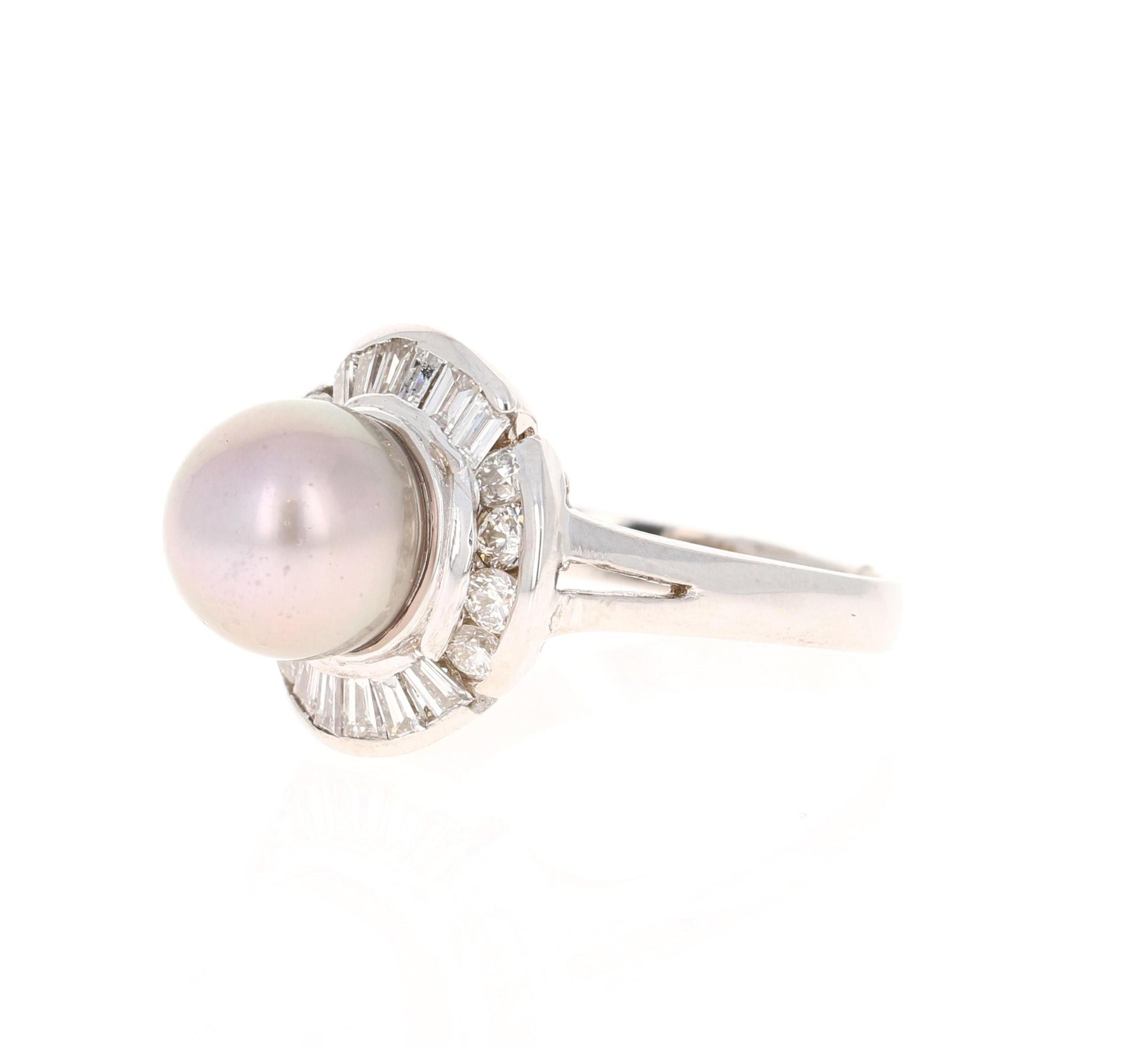 Tahitian Pearl Baguette Diamond 14 Karat White Gold Ring