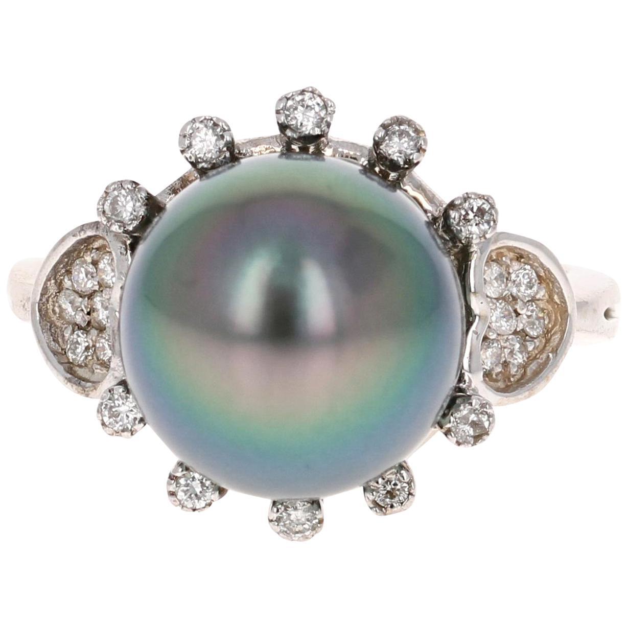 Tahitian Pearl and Diamond 14 Karat White Gold Cocktail Ring