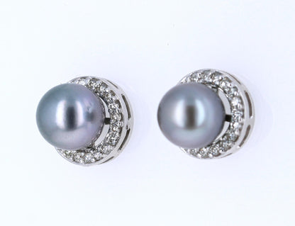 Tahitian Pearl and Diamond 14 Karat White Gold Earrings